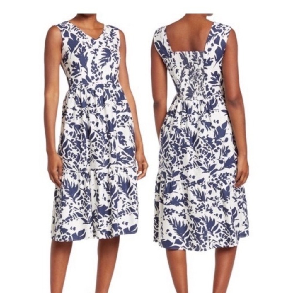 Magaschoni Navy White Floral Linen Blend Tiered Midi Dress Smocked Back Size 10